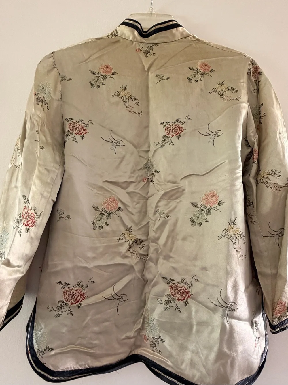Vintage Silk Floral Mandarin Jacket - Cream with Black Trim